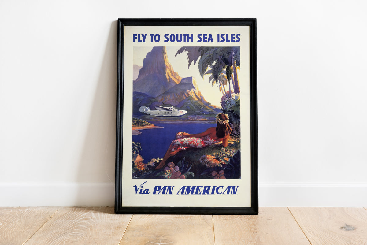 Pan American South Sea Isles poster with tropical flying boat artwork for a living room.