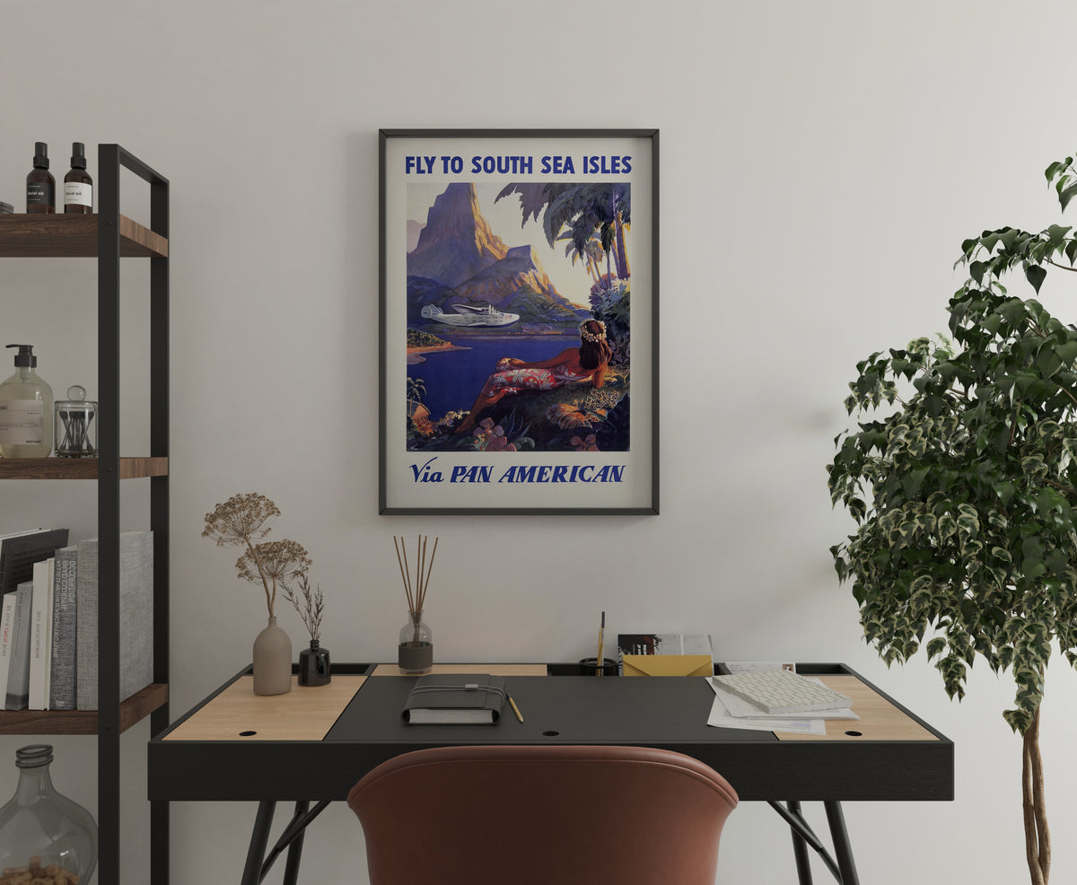 South Sea Isles Pan American print with tropical lagoon and flying boat shown during wall placement.