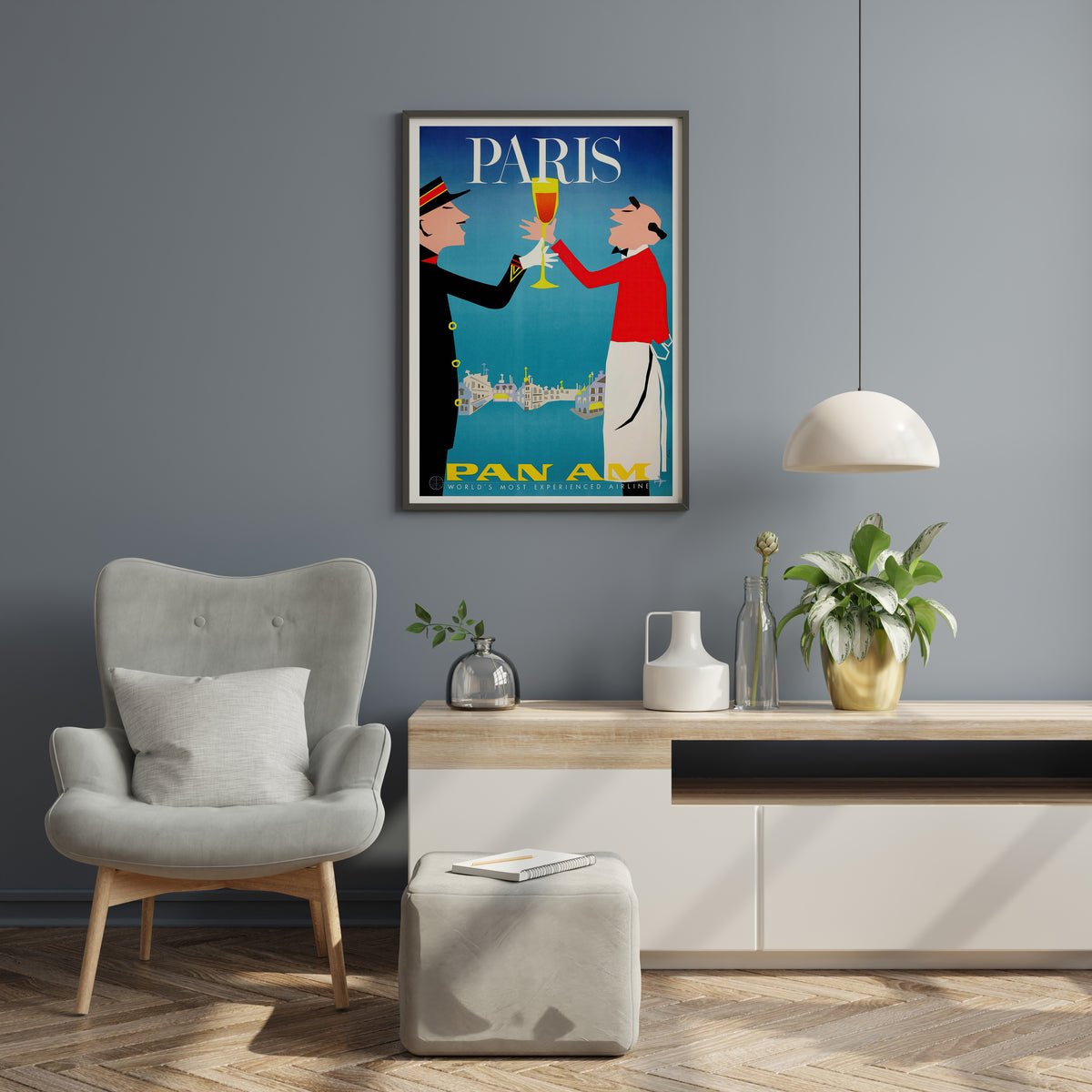Pan Am Paris travel print with two figures, a stemmed glass and cityscape for living room wall art.