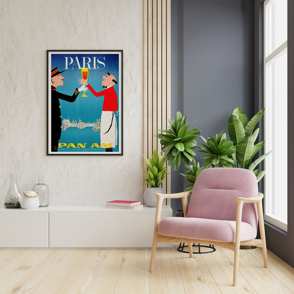 Pan Am Paris travel poster with blue background and red figure for a bright reading nook.
