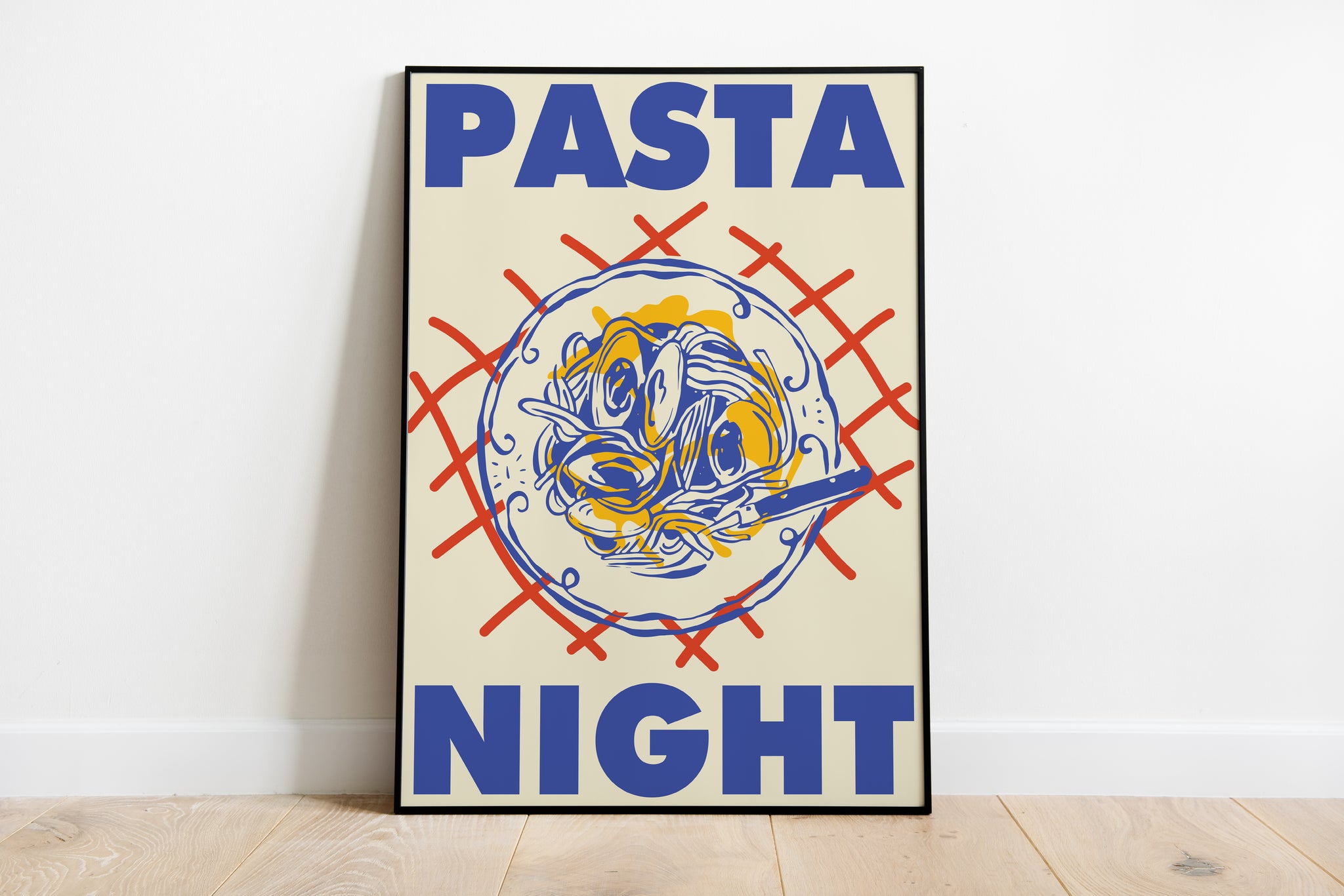 Pasta Night poster with illustrated pasta bowl and fork for kitchen or dining room wall art