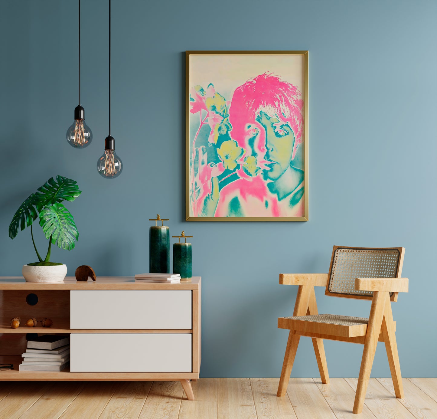 Paul McCartney Beatles poster with vivid pink and teal pop art for living room wall art