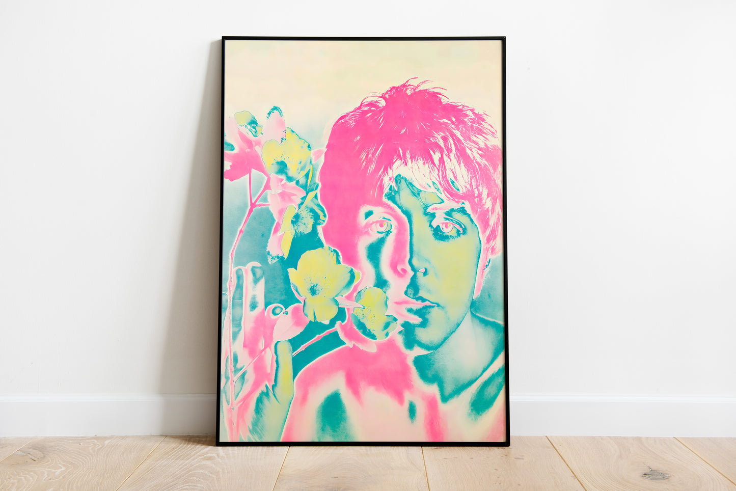 Paul McCartney poster with pink, teal and yellow floral pop art for music room wall art