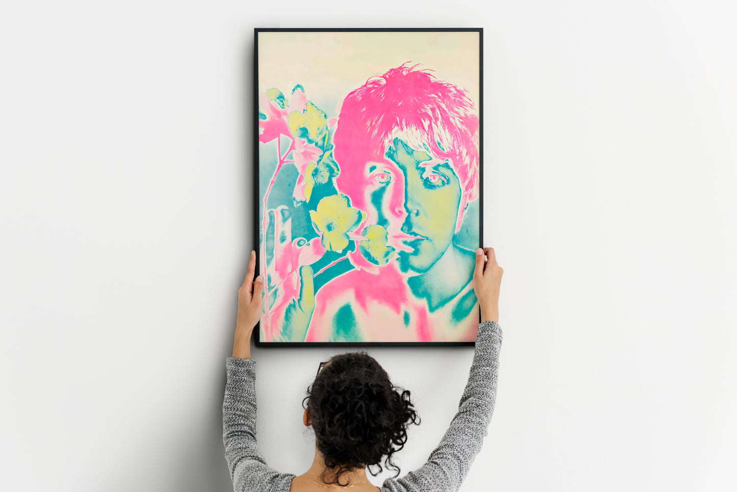 Paul McCartney floral poster with pink and teal Beatles pop art for living room wall art