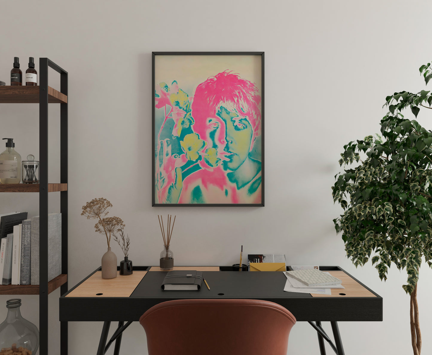 Paul McCartney pop-art poster with neon floral portrait for home office music wall art