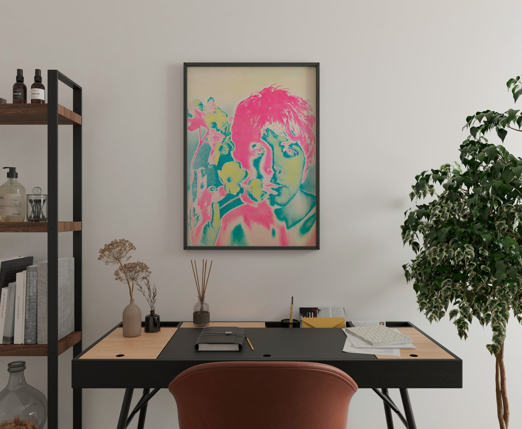 Paul McCartney pop-art poster with neon floral portrait for home office music wall art