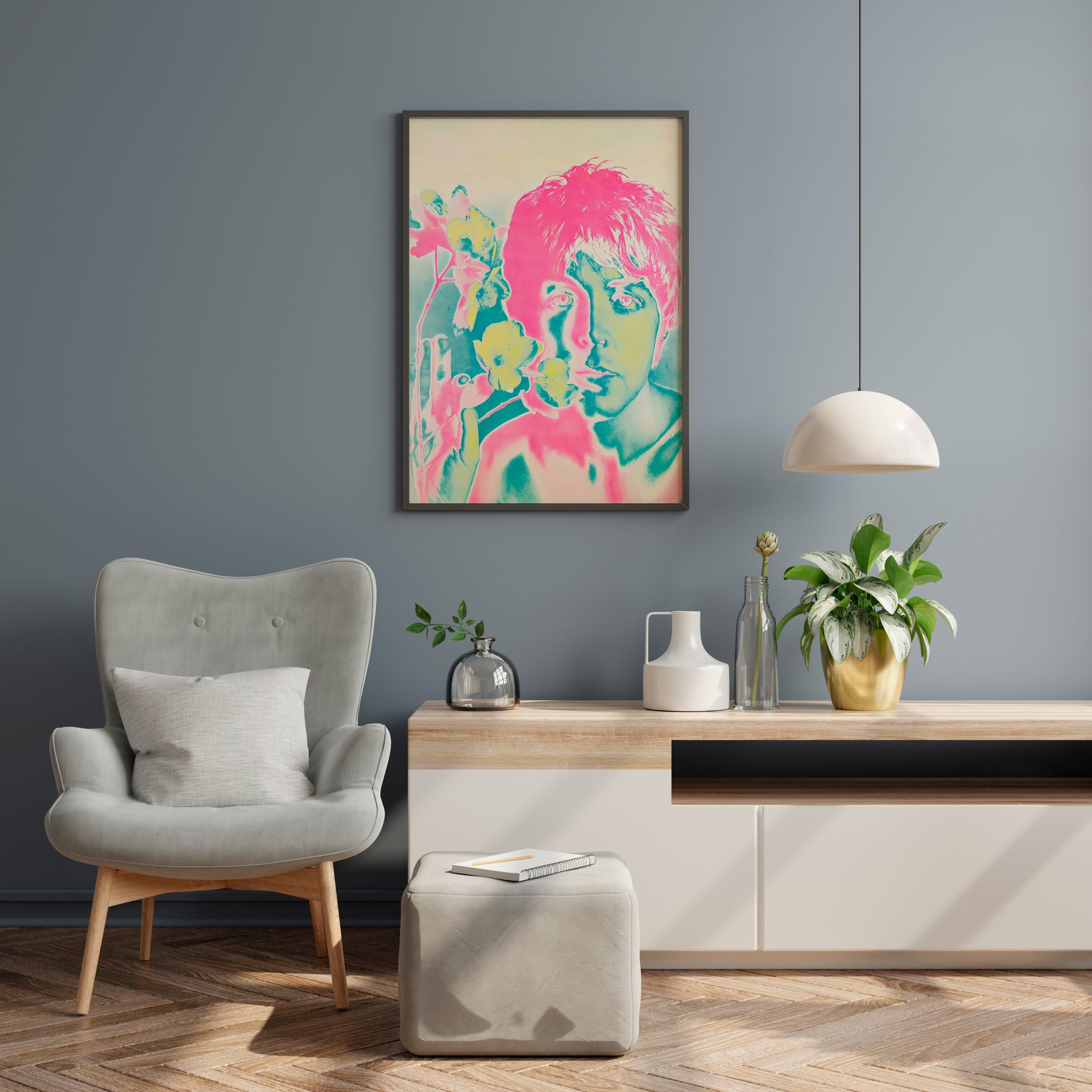 Paul McCartney portrait poster with psychedelic floral colors for reading room wall art