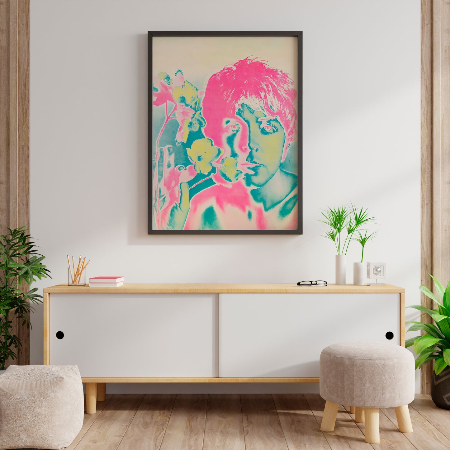 Paul McCartney psychedelic portrait poster with floral artwork for living room wall art