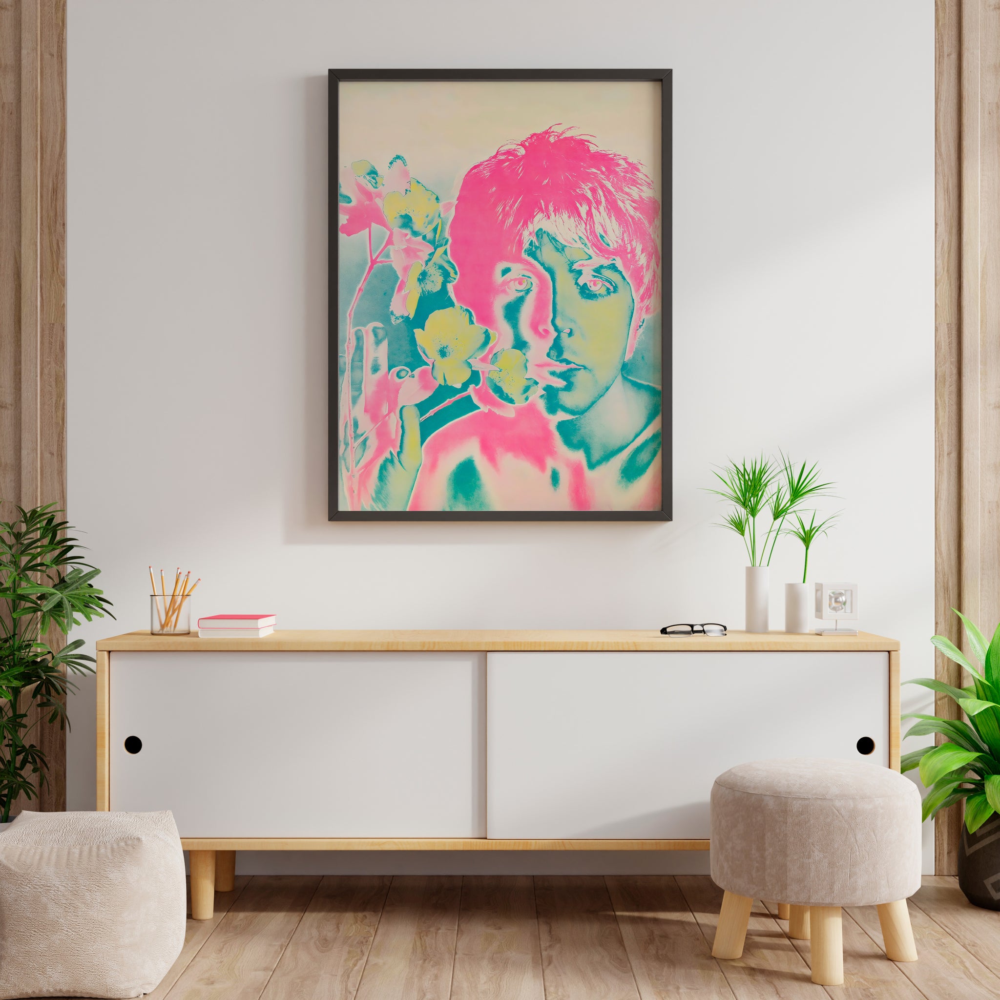 Paul McCartney psychedelic portrait poster with floral artwork for living room wall art