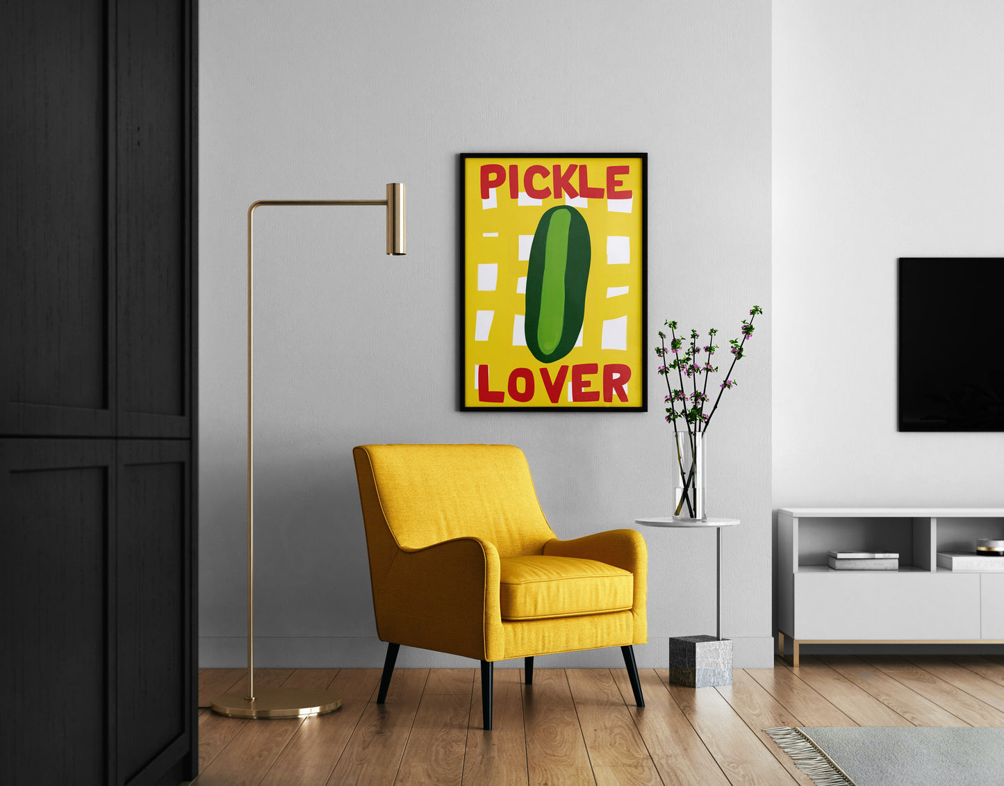 Pickle Lover poster above sideboard, colorful food wall art for dining area