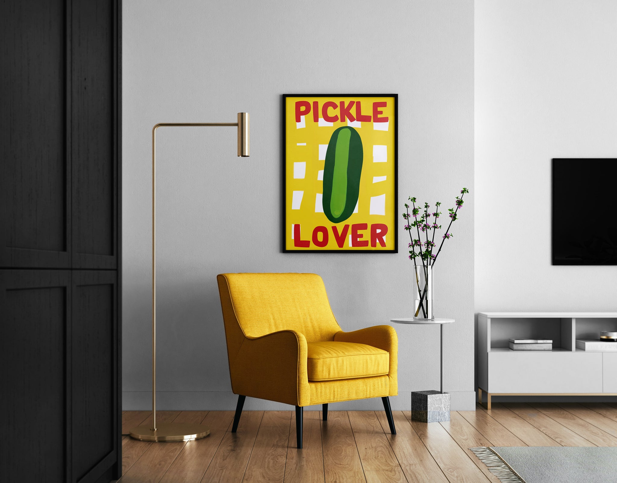 Pickle Lover poster above sideboard, colorful food wall art for dining area