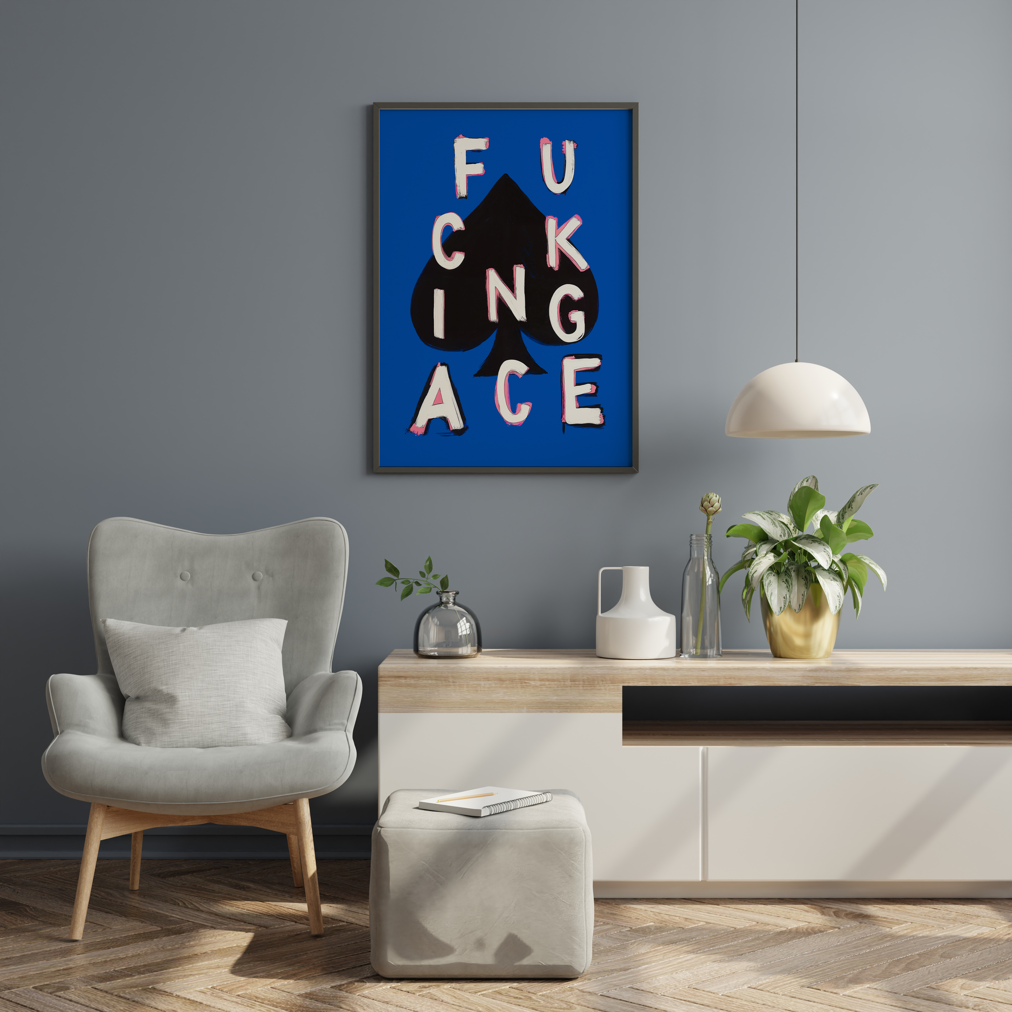Playing card wall art adding edge to a dining room wall