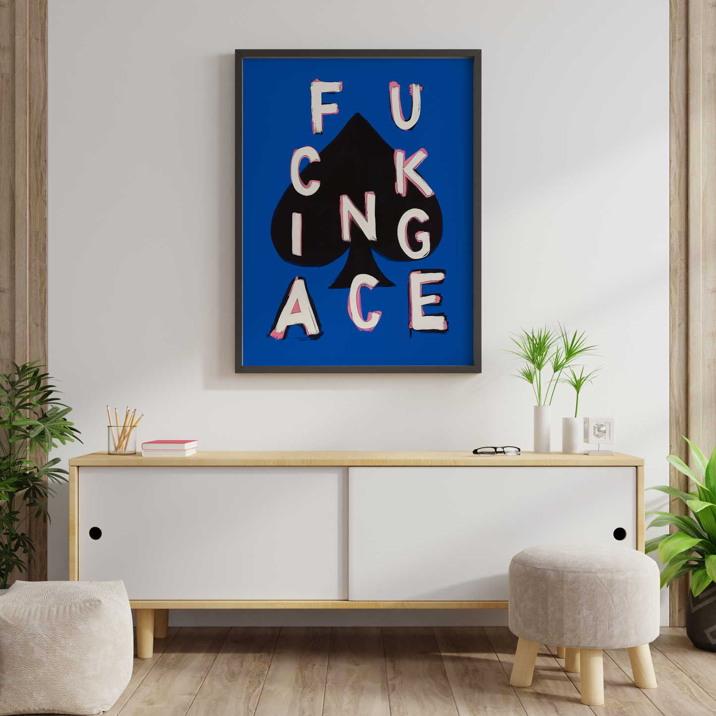 Poker wall art above sideboard for a bold interior accent