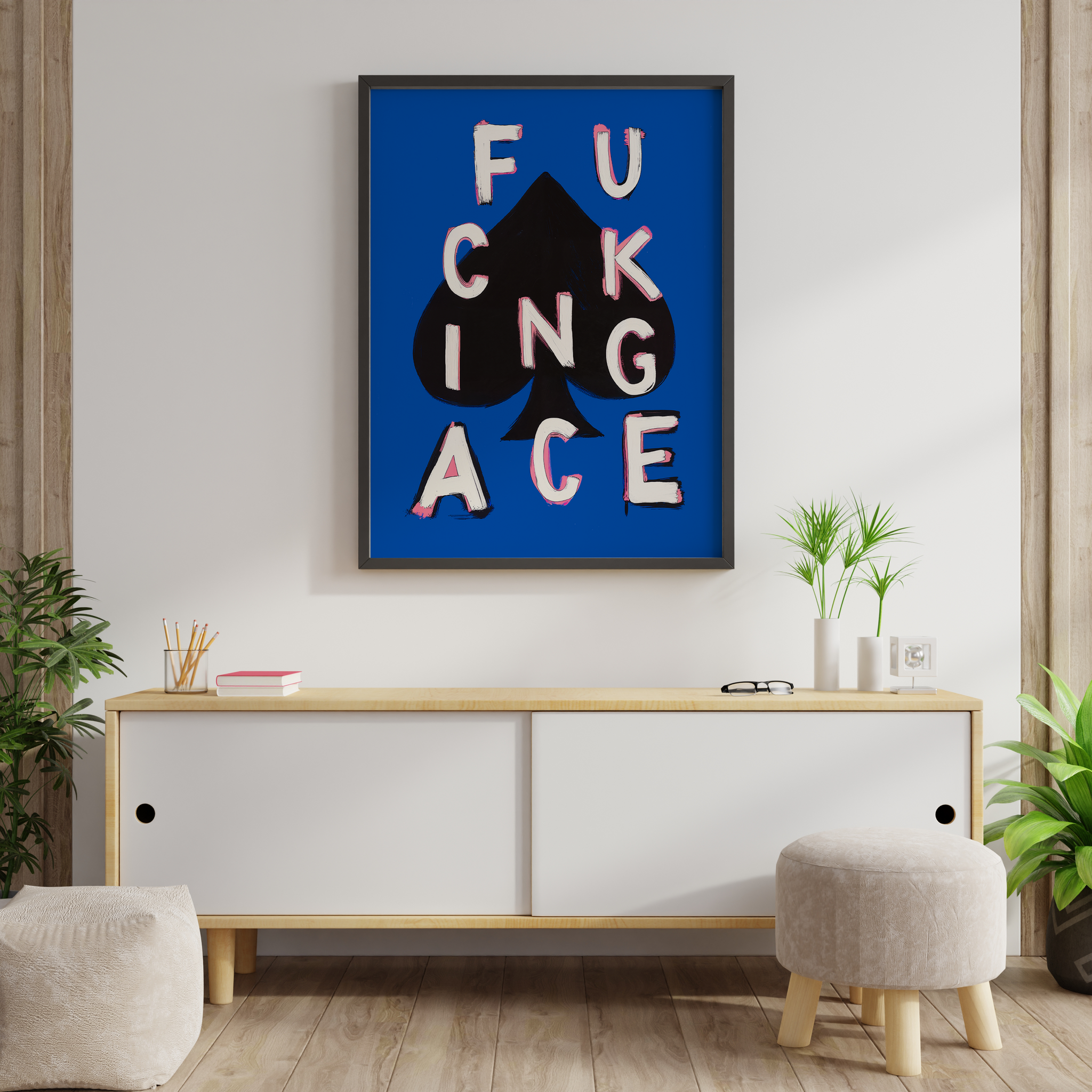 Poker wall art above sideboard for a bold interior accent