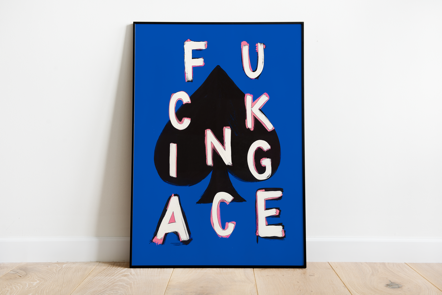 Poker wall art with bold ace typography on blue background