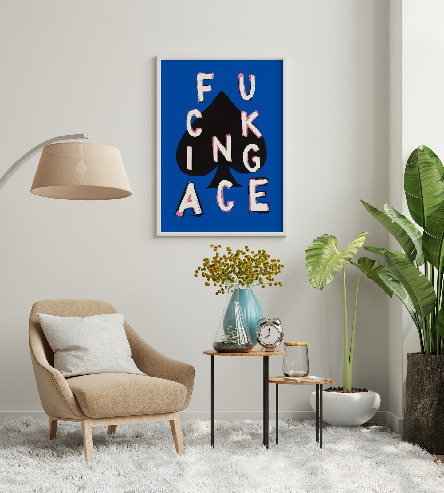 Poker wall art creating focus in a cozy lounge corneR