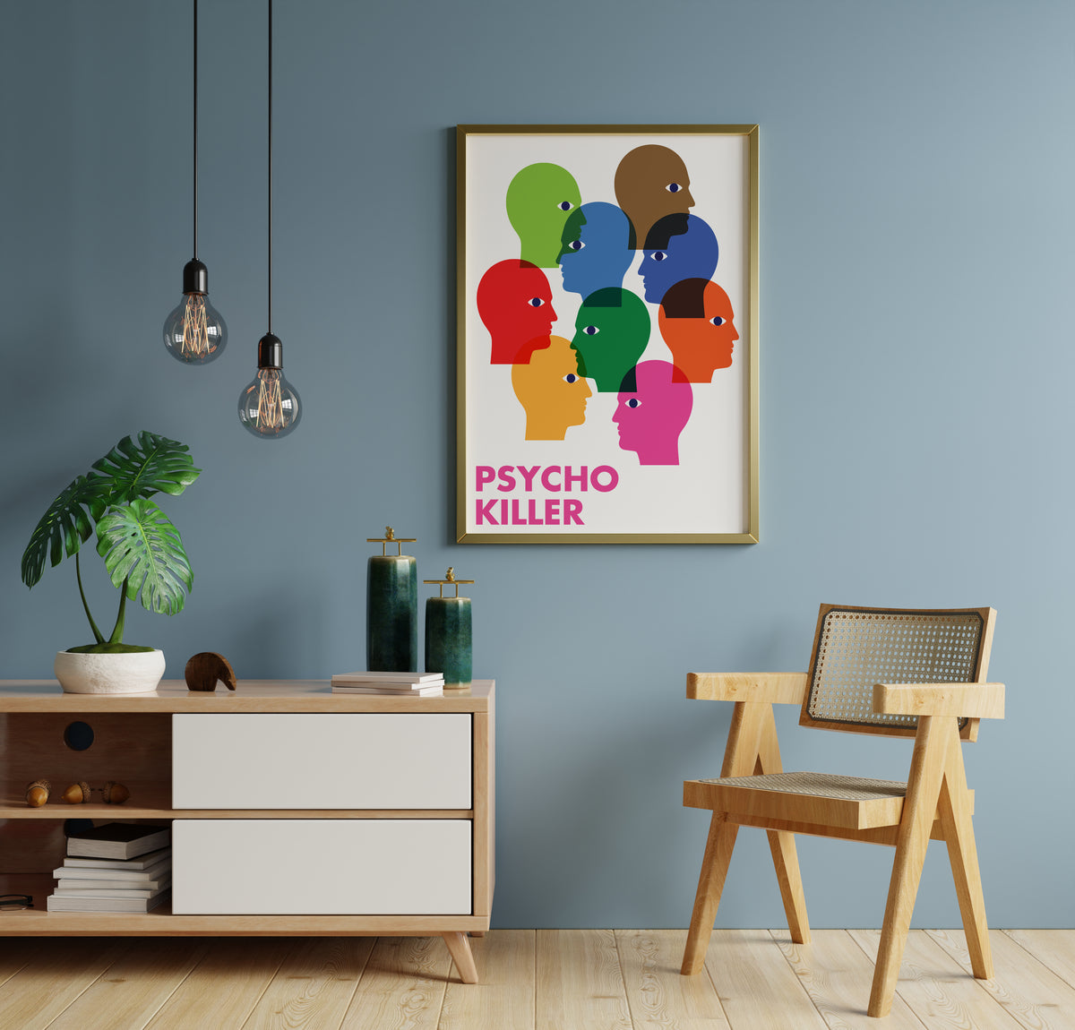 Psycho Killer poster with flat red, green, blue and orange head silhouettes above bold pink type.