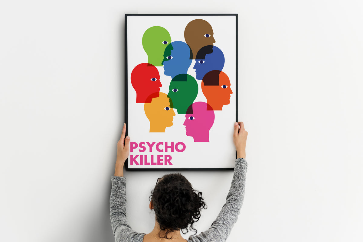 Psycho Killer poster showing the complete nine-head design with pink uppercase lettering below.