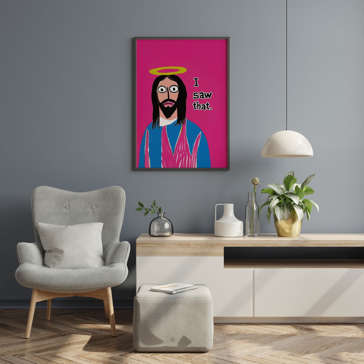 Quirky wall decor adding humor to a modern lounge corner
