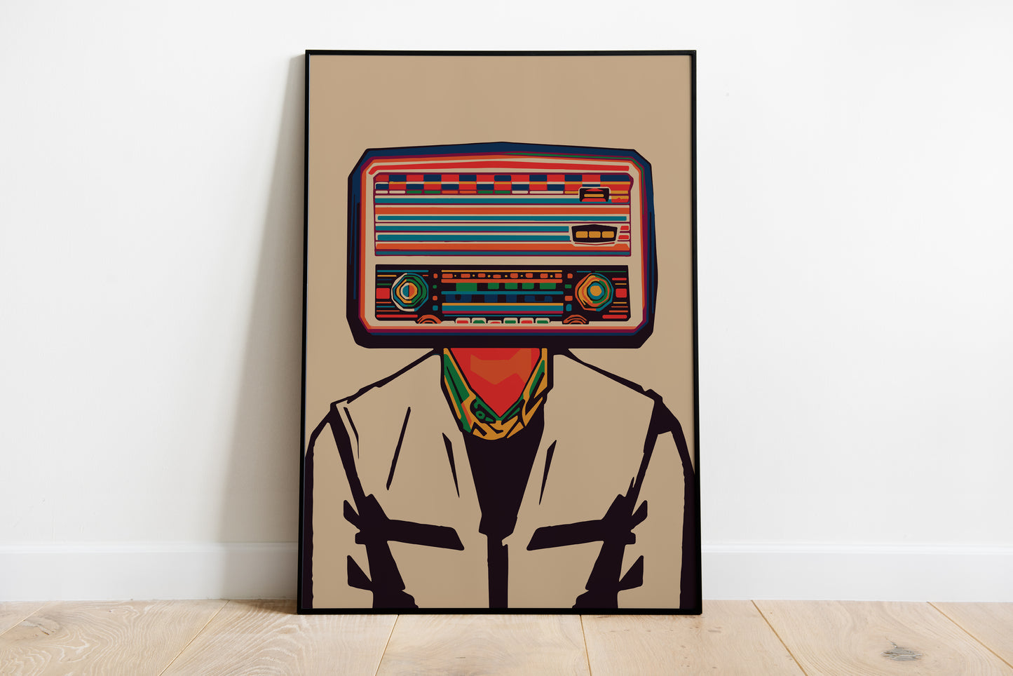 Radiohead poster with a vintage radio-headed figure in bold retro colors for studio wall art