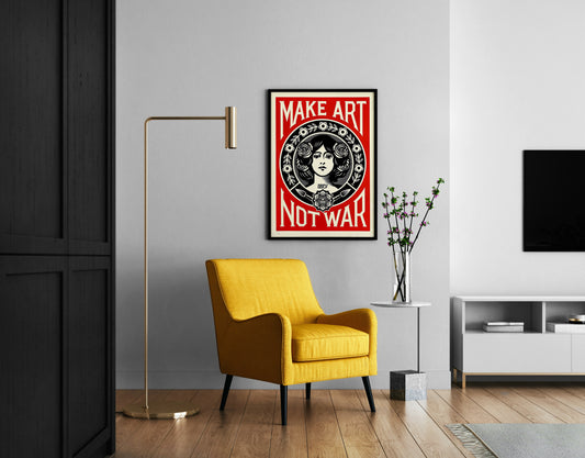 Red and black protest print featuring a floral portrait and Make Art Not War slogan in a reading corner.
