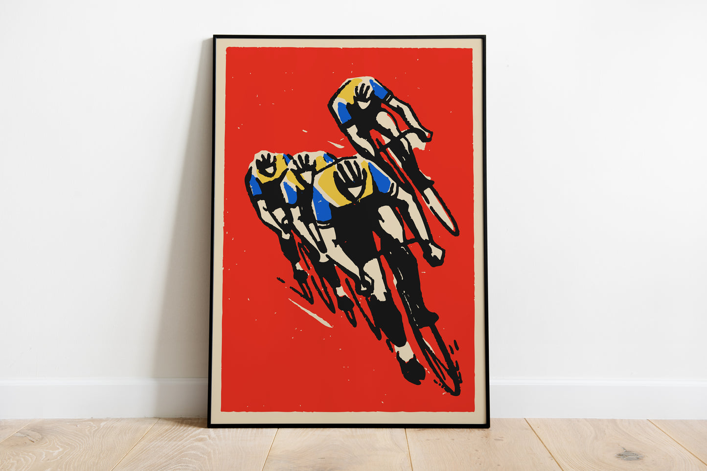Red peloton cycling poster with three road racers for sports room wall art