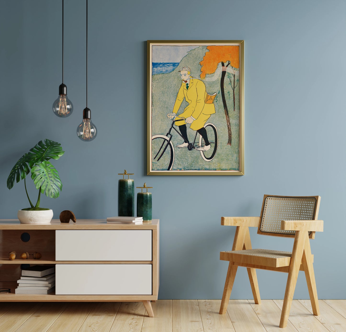 Retro bicycle gentleman cyclist print with textured landscape artwork for gallery wall art