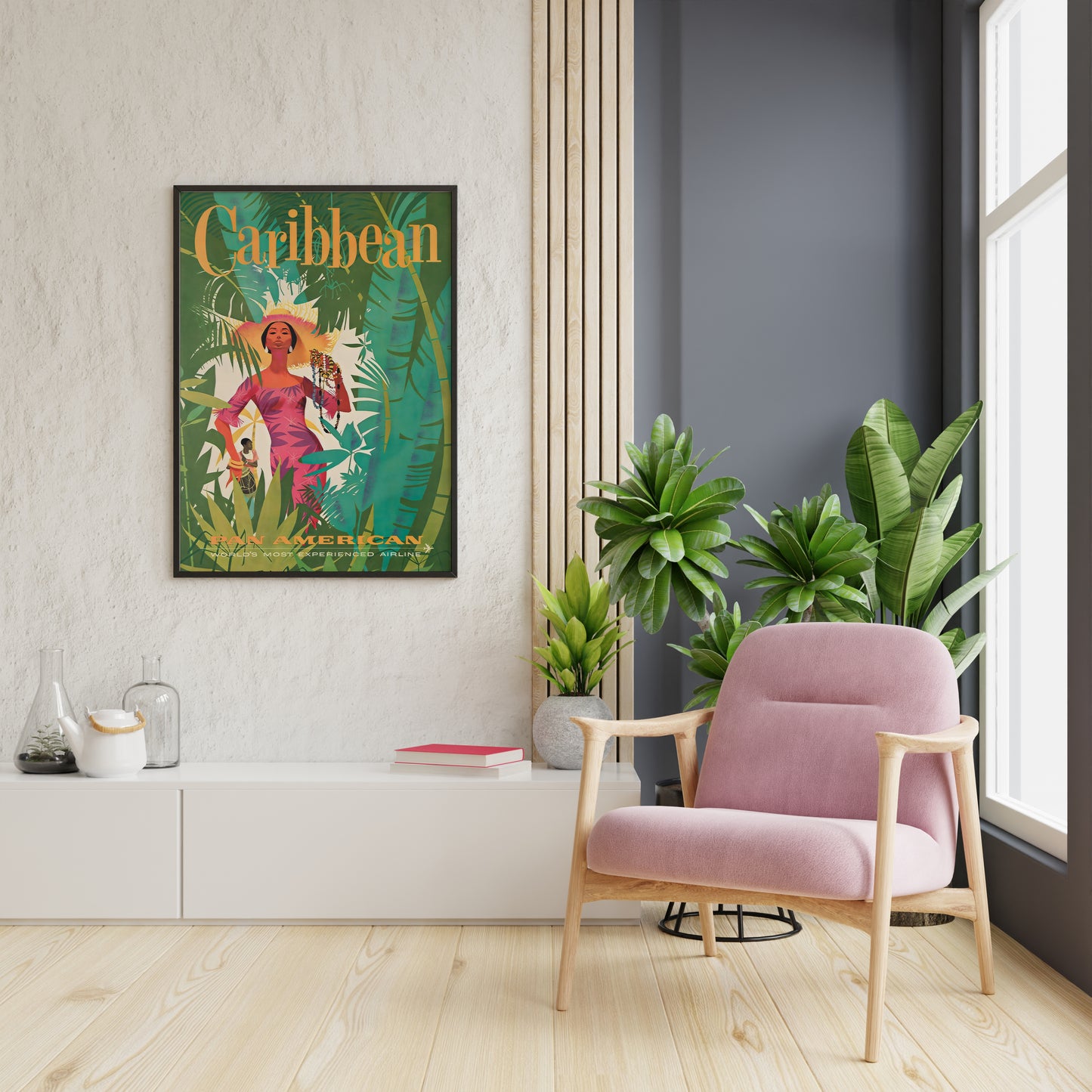 Caribbean poster on blue wall, colorful retro travel wall art