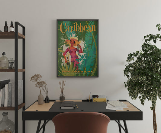 Caribbean poster above desk, vintage tropical wall art for office