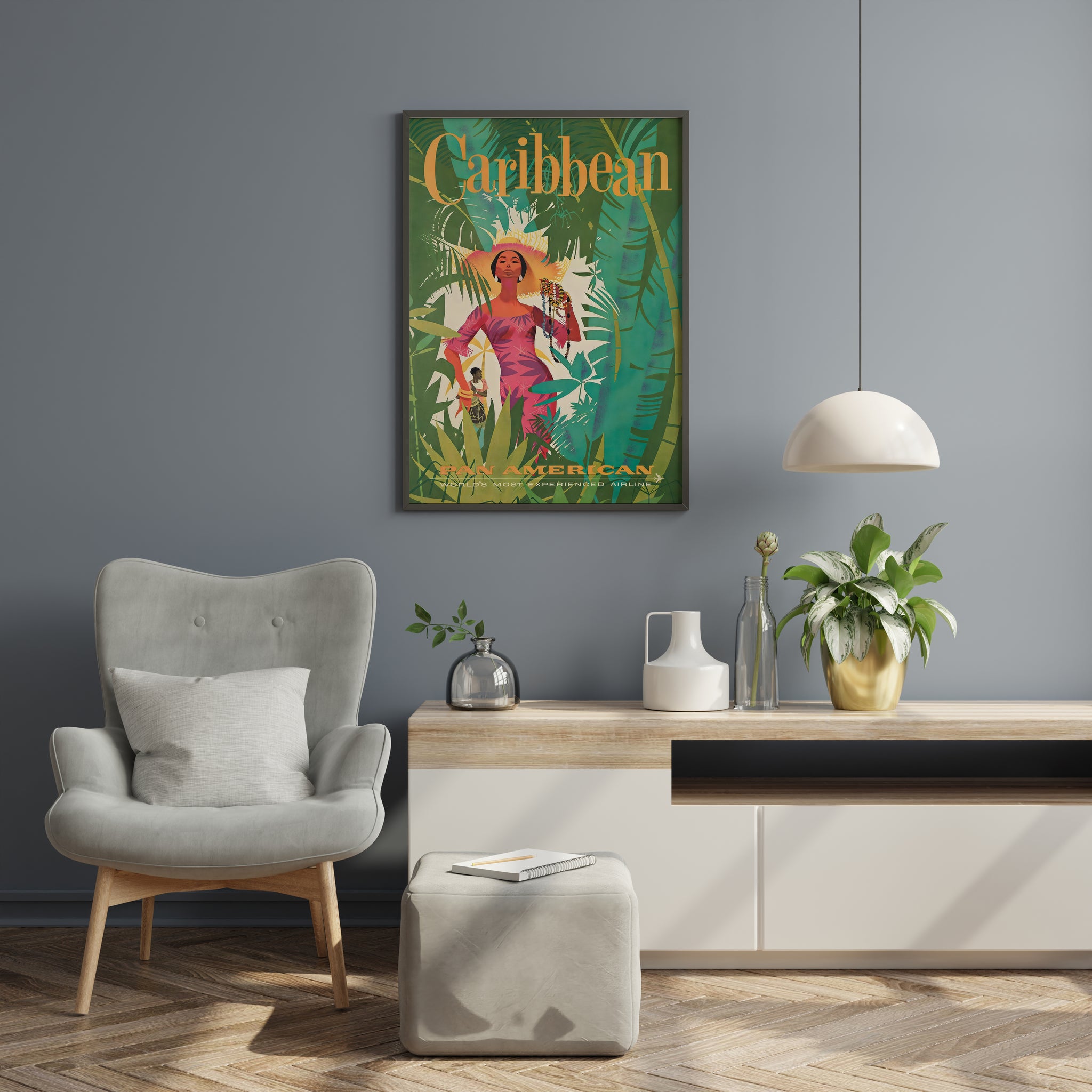 Caribbean poster in reading corner, vintage tropical travel print