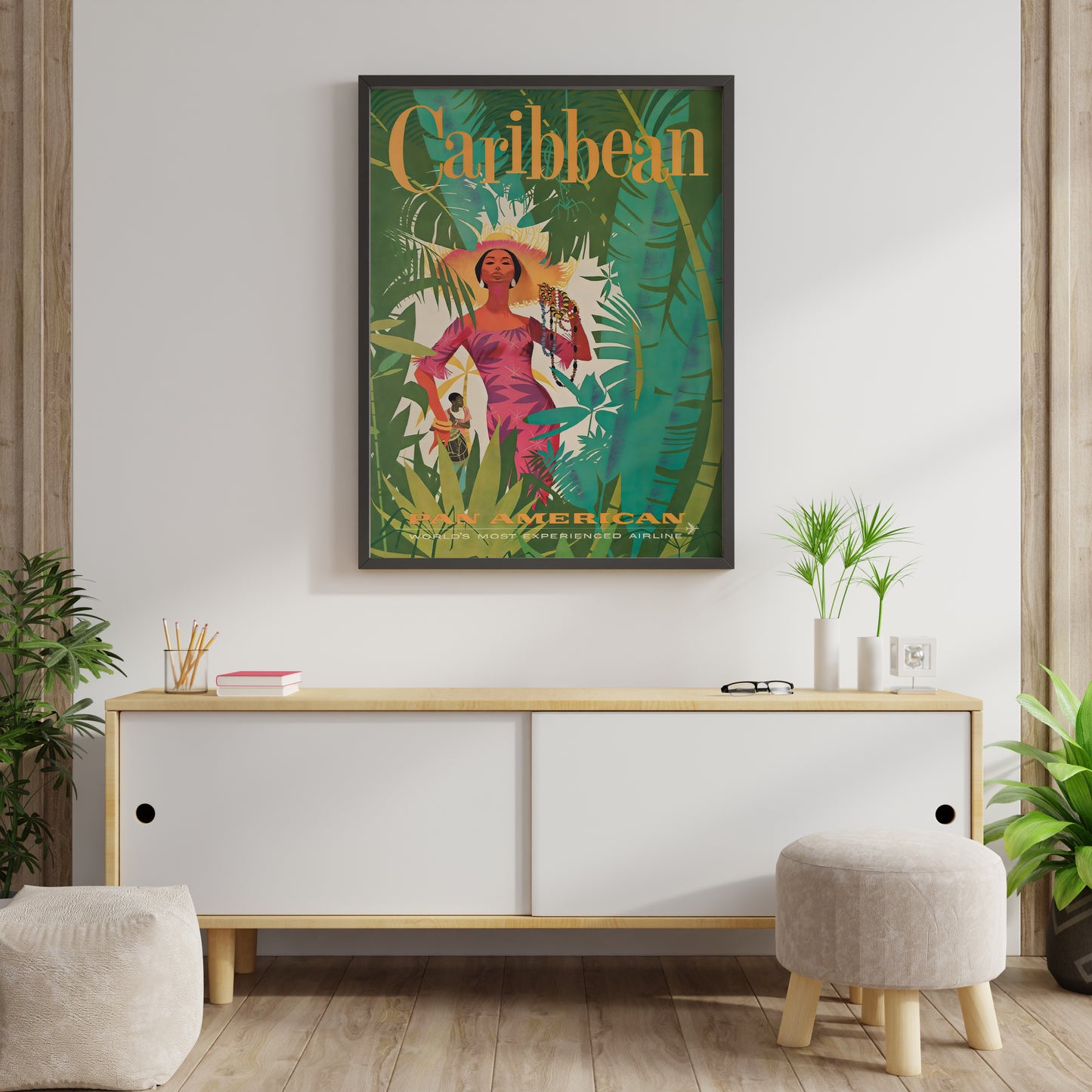 Caribbean poster with tropical leaves and Pan American text, retro travel print