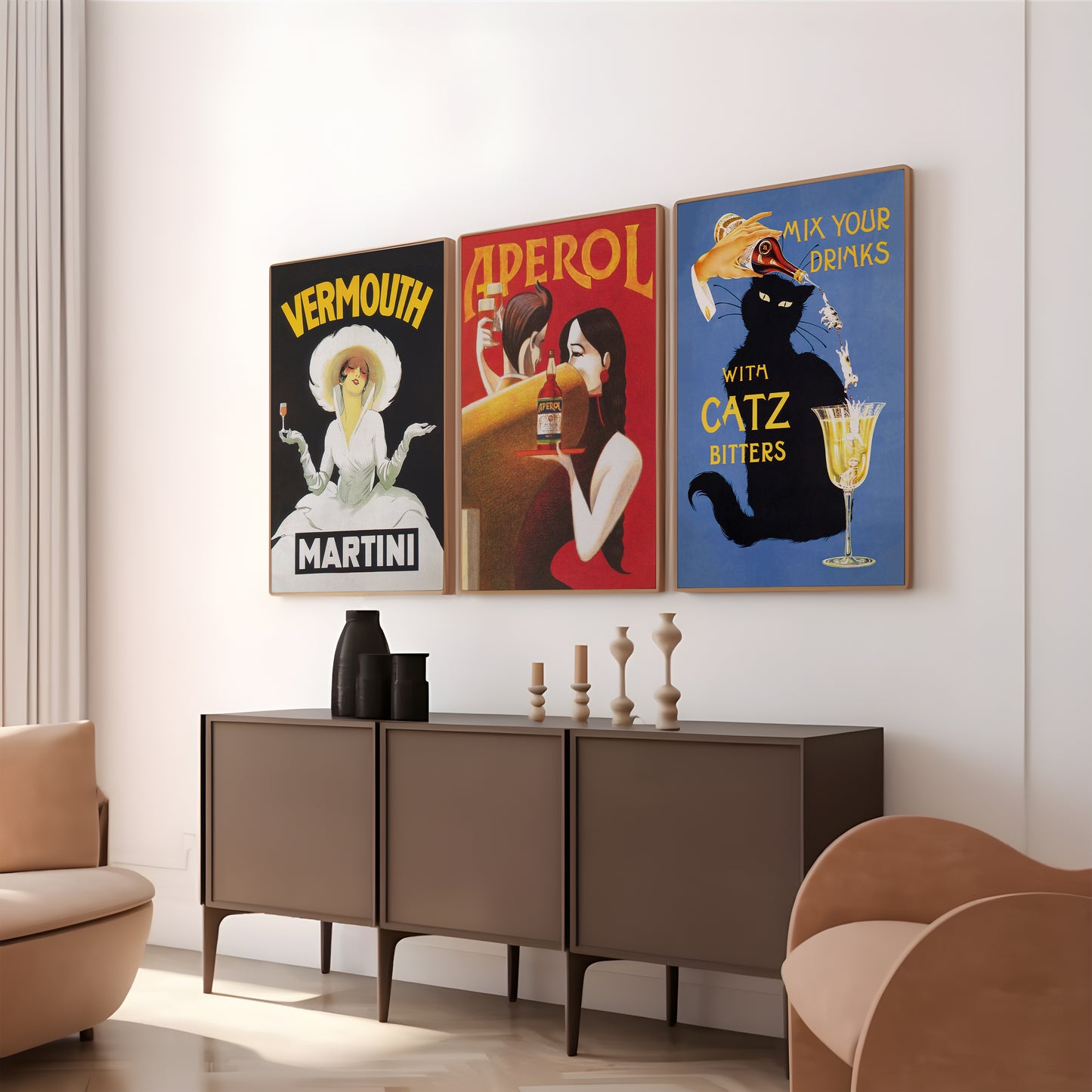 Retro drinks poster set with Martini, Aperol and black cat cocktail artwork for gallery wall decor