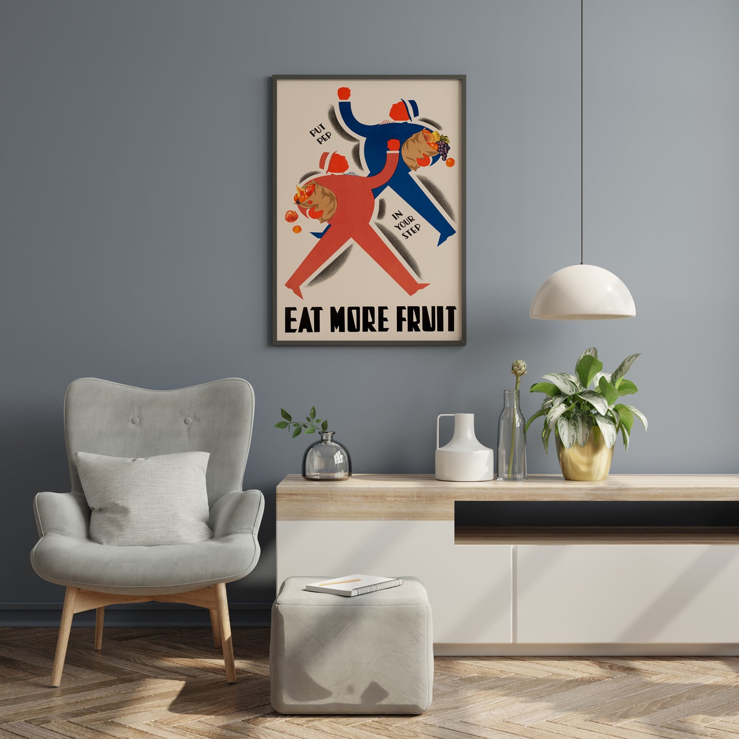 Retro food poster adding personality to a modern reading corner