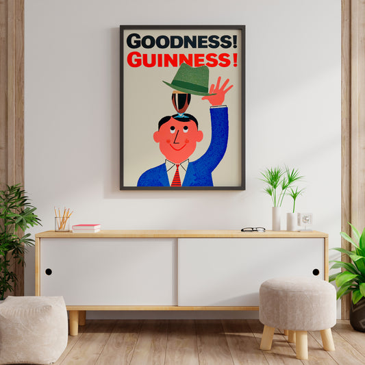 Guinness beer poster with man holding hat, retro pub wall art