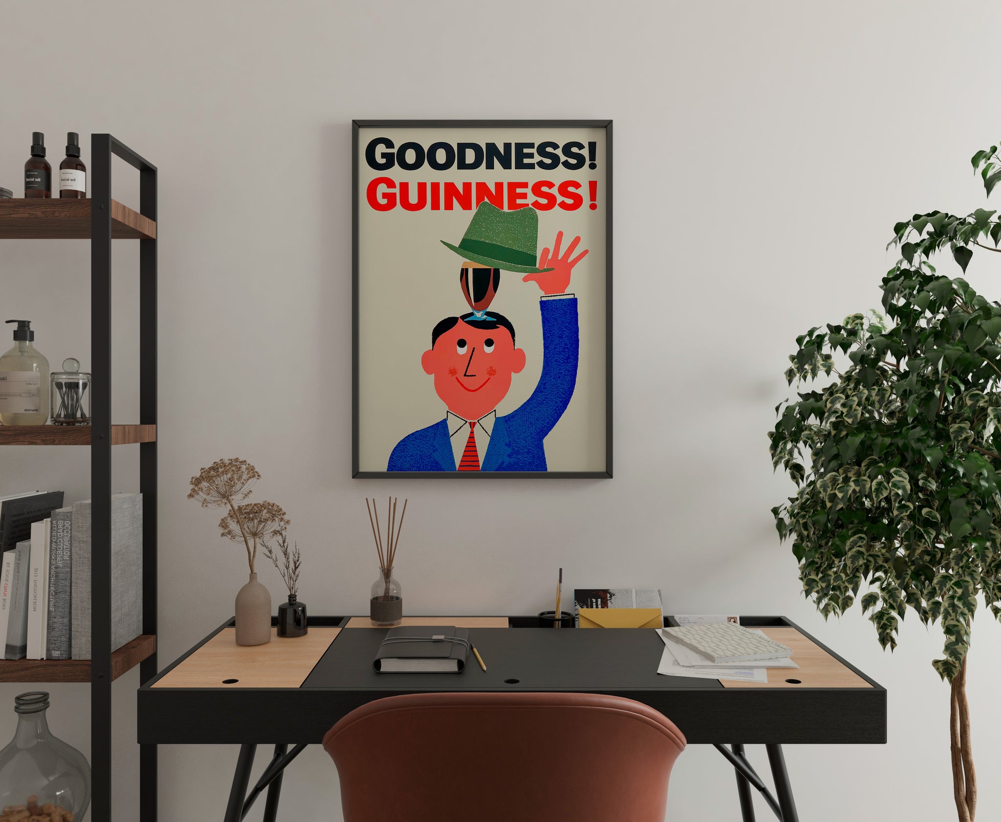 Guinness beer poster above desk, playful vintage wall art for office