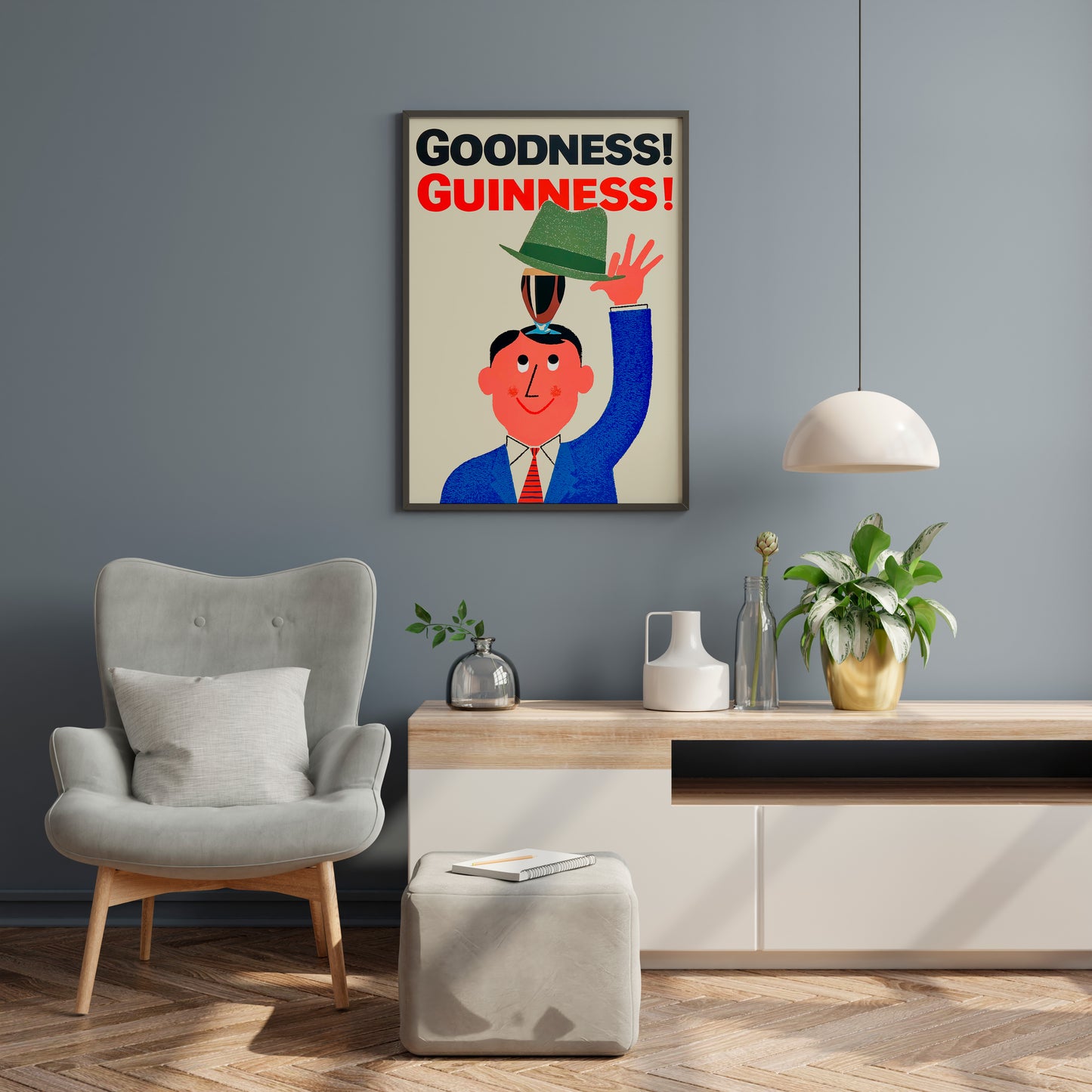 Guinness poster in lounge corner, playful vintage beer print