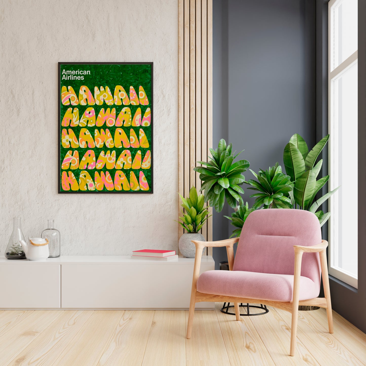 Retro Hawaii wall decor bringing contrast to a blue interior wall