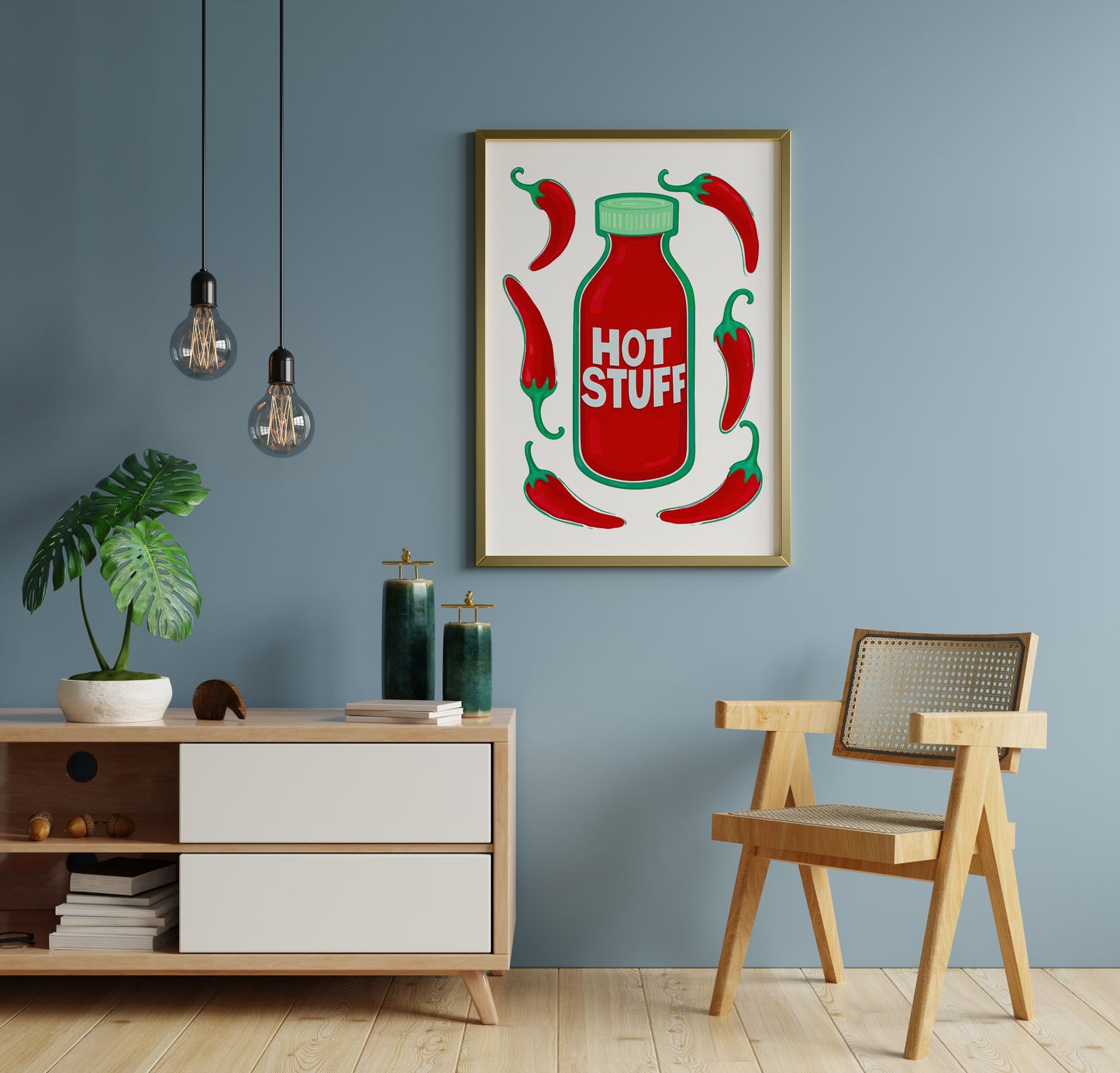 hot sauce poster above sideboard, colorful food wall art for dining room