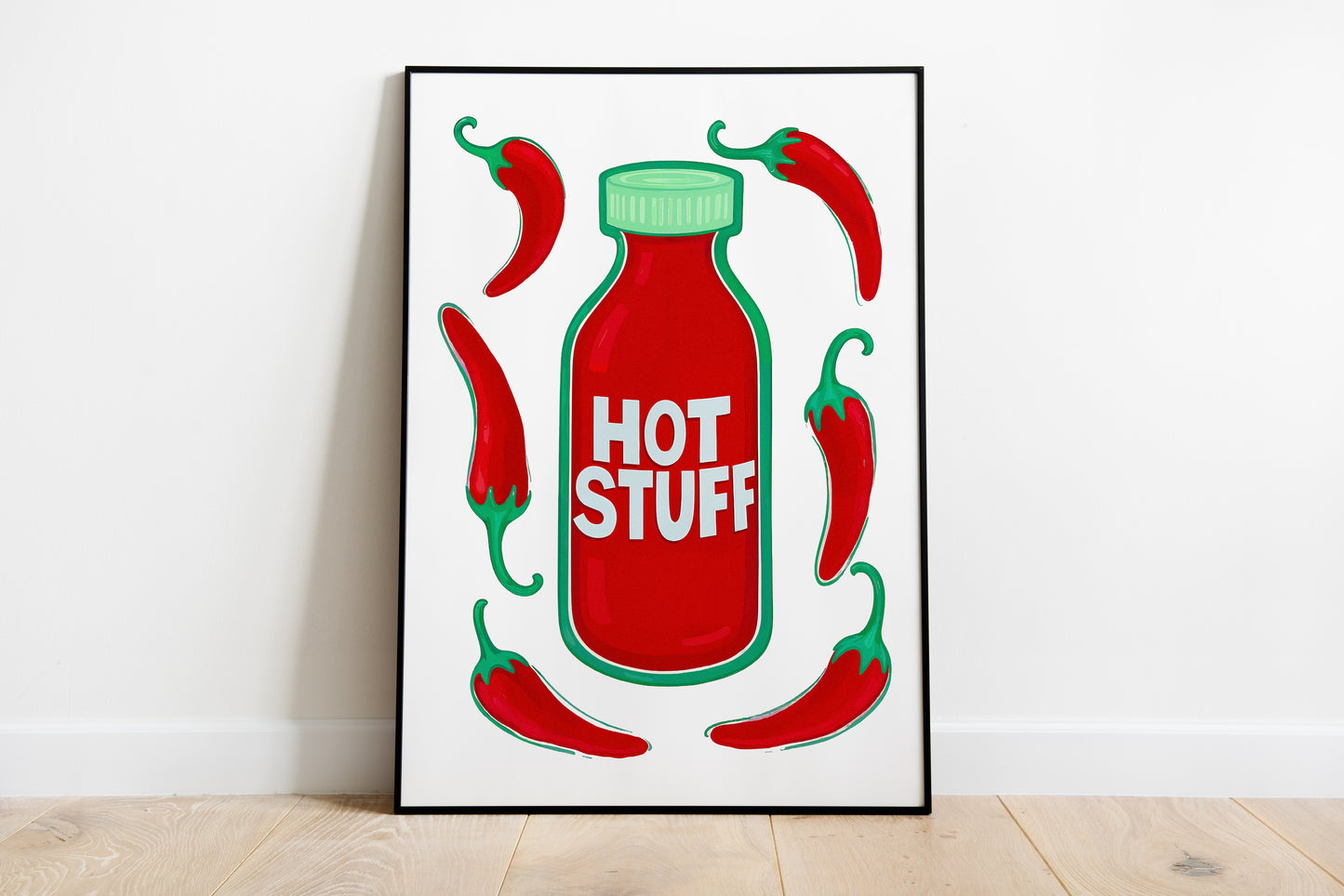 hot sauce poster with chili peppers and Hot Stuff text, bold kitchen wall art