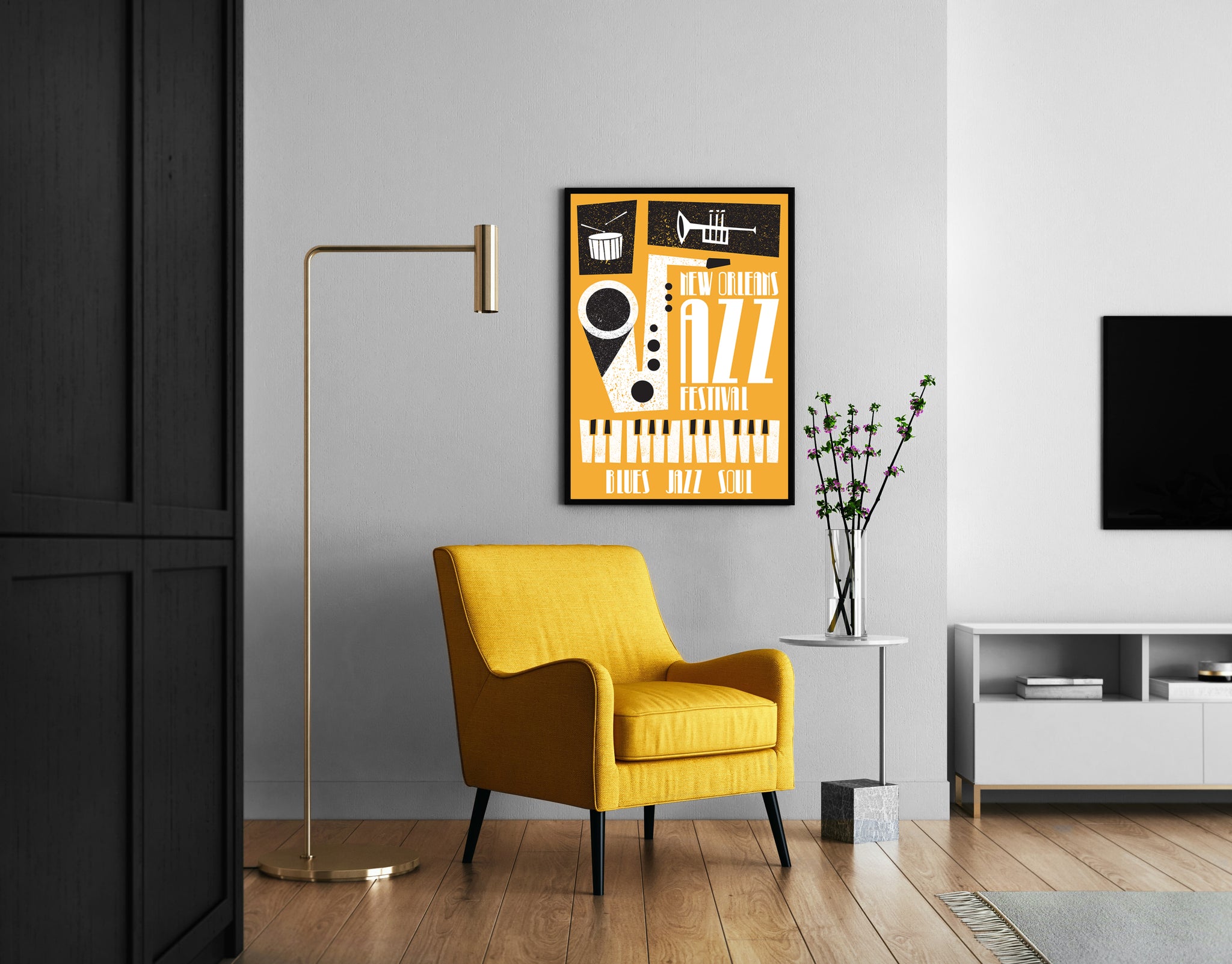 Retro jazz poster with mustard background and strong New Orleans music theme