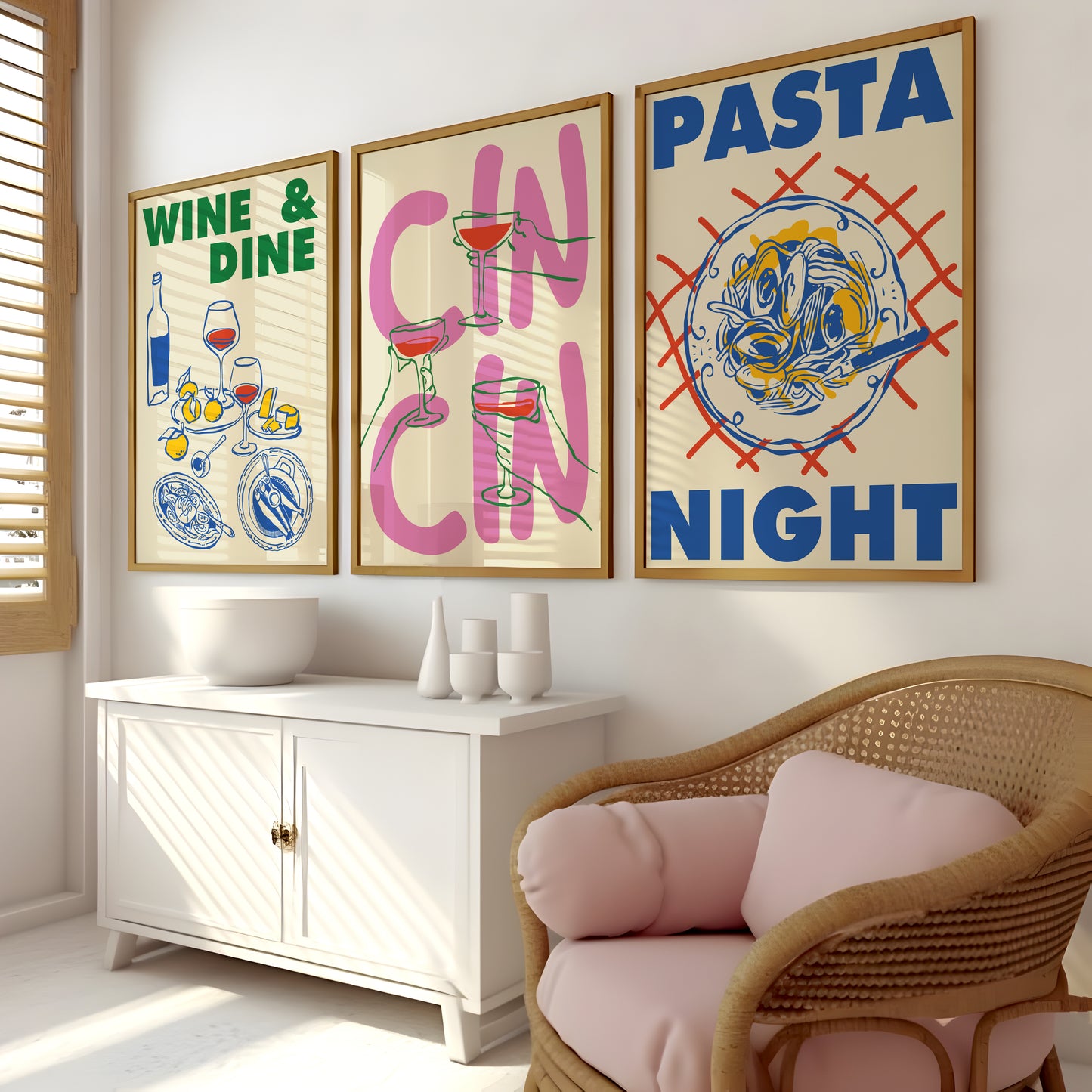 Retro kitchen poster set with wine, raised drink glasses and pasta wall decor