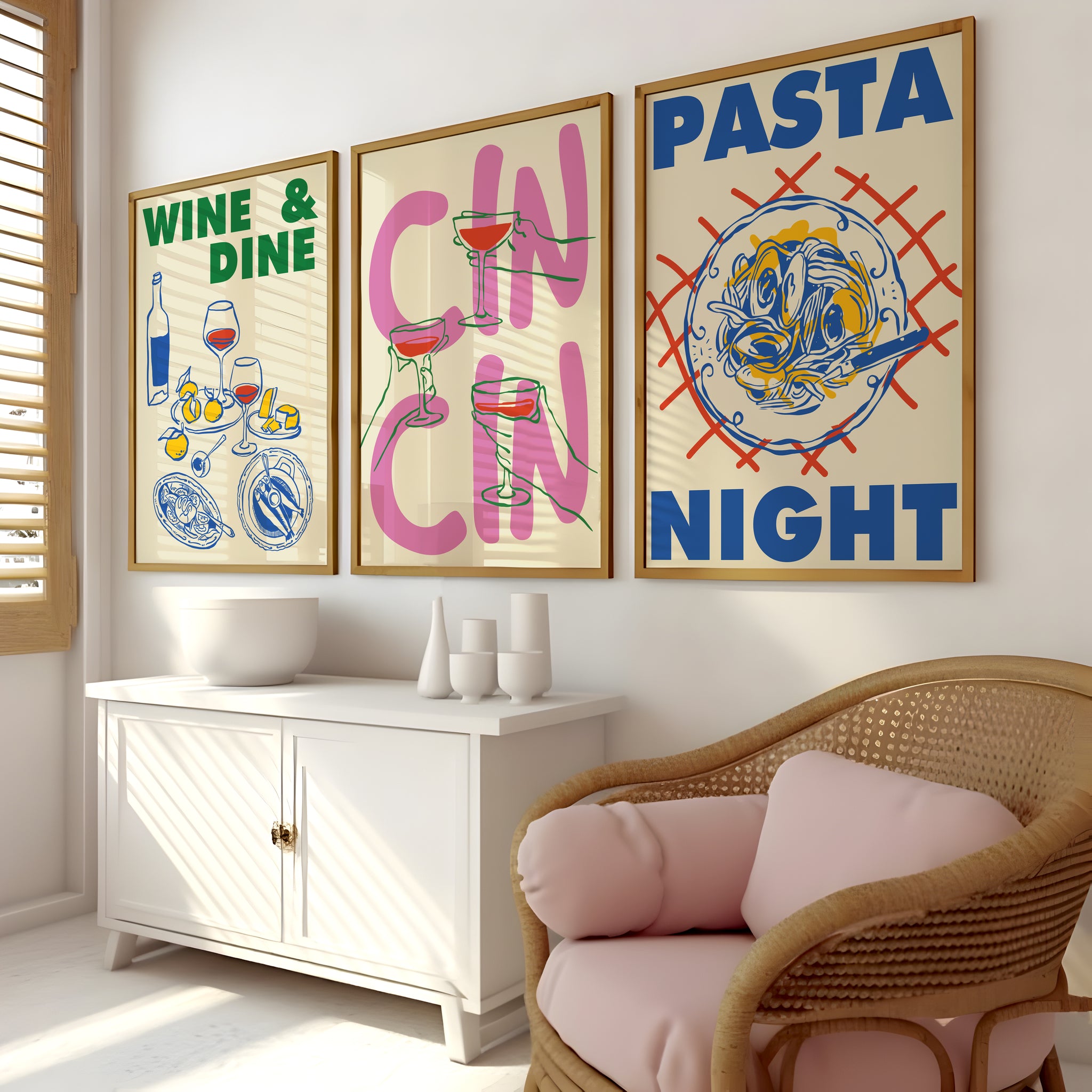 Retro kitchen poster set with wine, raised drink glasses and pasta wall decor