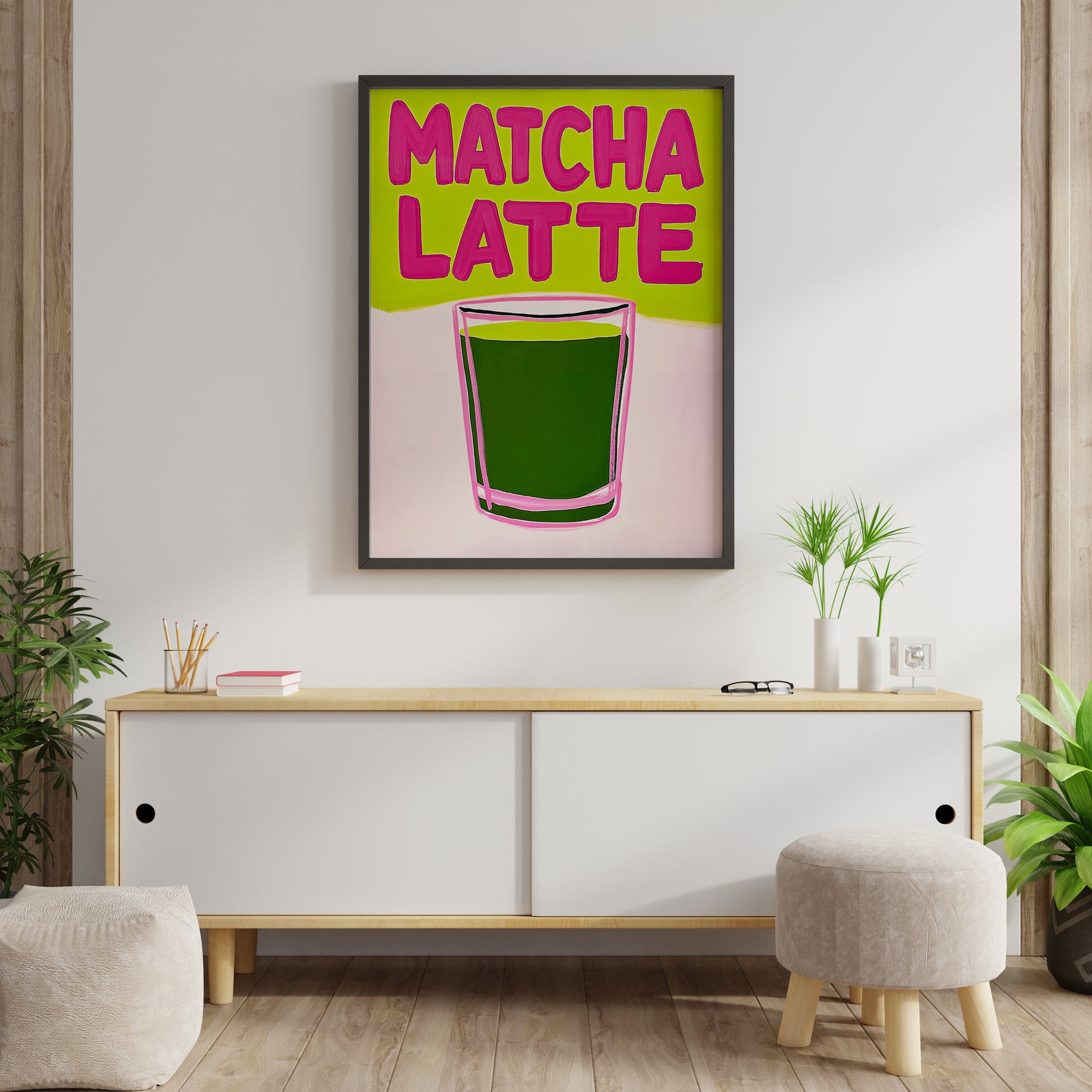 matcha latte print above sideboard, colorful coffee bar wall art