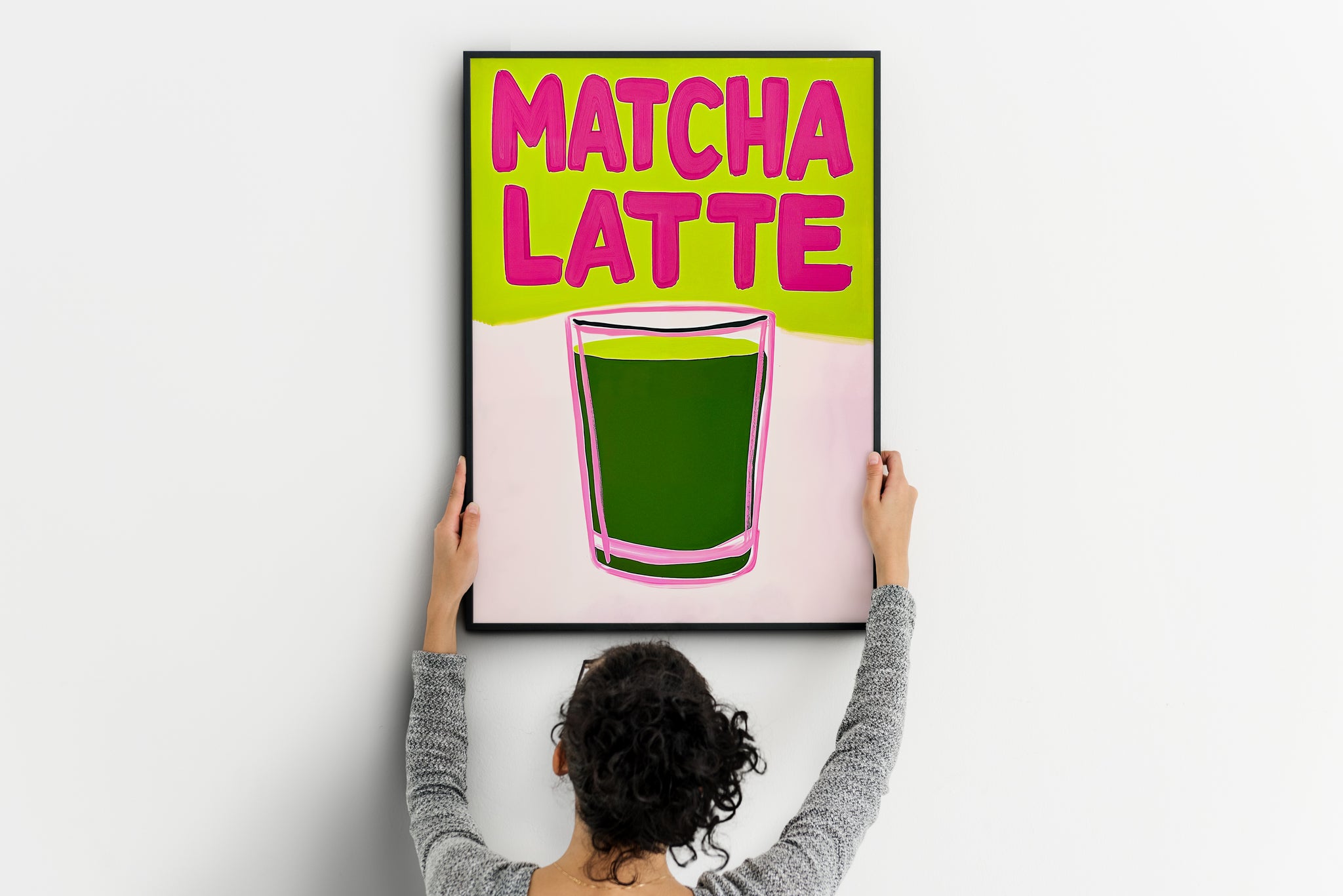 matcha latte poster with green drink glass, playful apartment kitchen wall art