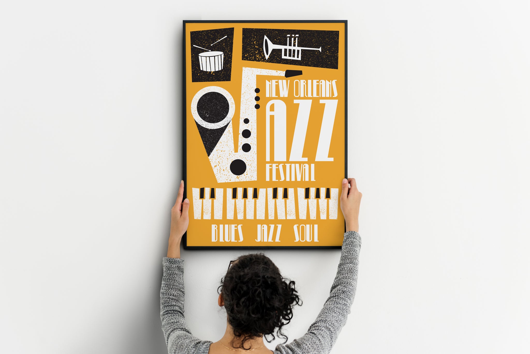 Retro music poster with New Orleans jazz theme and textured mid-century composition