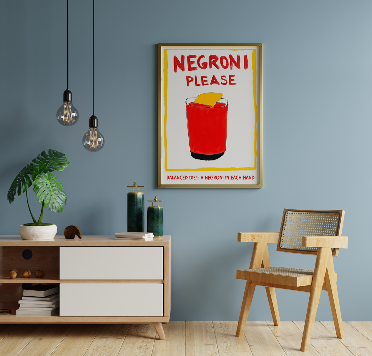 Hand-drawn Negroni poster with orange garnish and bold red typography displayed on a wall