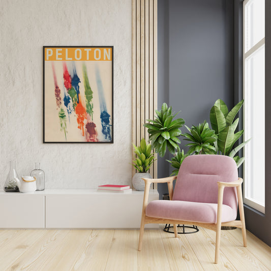 Peloton cycling poster on blue wall, colorful sports print for studio decor
