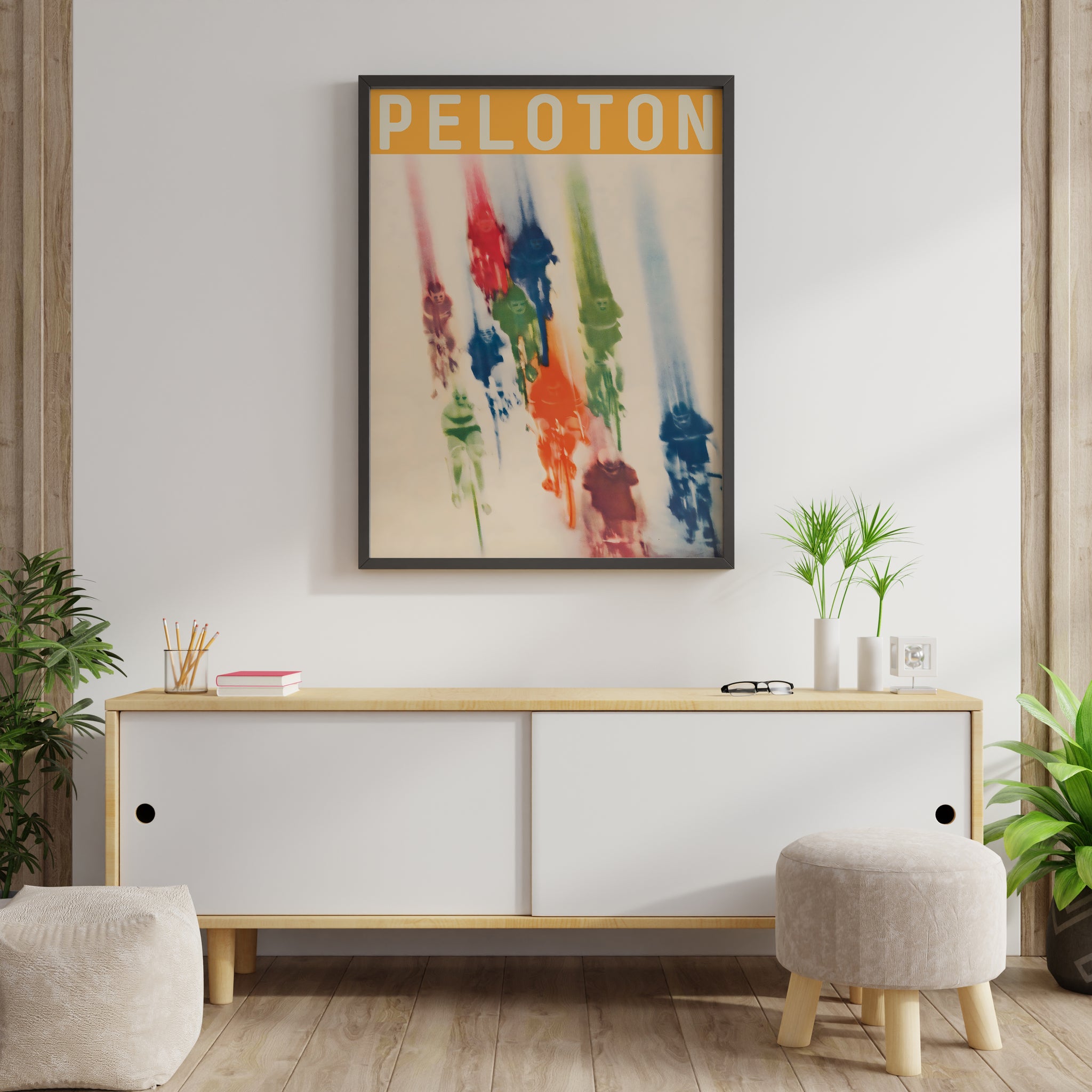 Peloton cycling poster with blurred riders, retro sports wall art