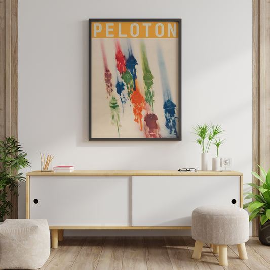 Peloton cycling poster with blurred riders, retro sports wall art