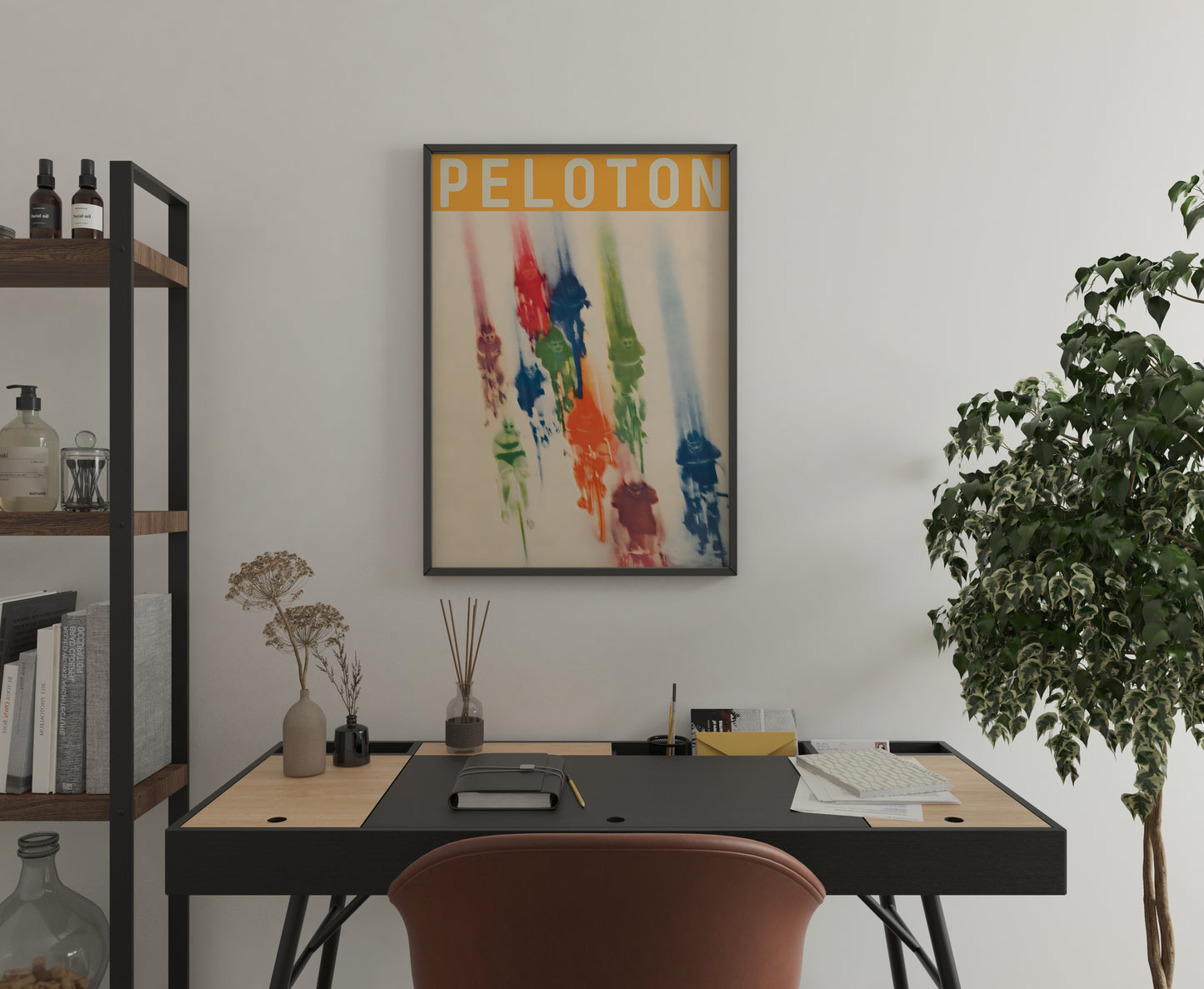 Peloton cycling poster above desk, colorful sports wall art for office